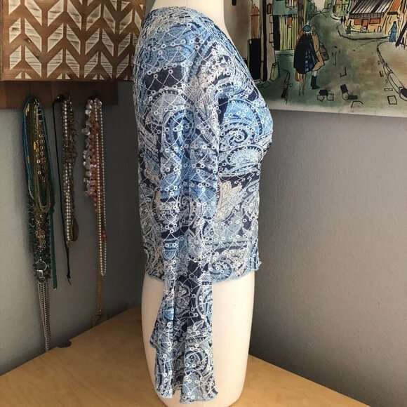 Vintage Y2K Blue Paisley Baby Doll Top - Flare Bell Sleeve Fairy Core Coquette - Picture 5 of 10